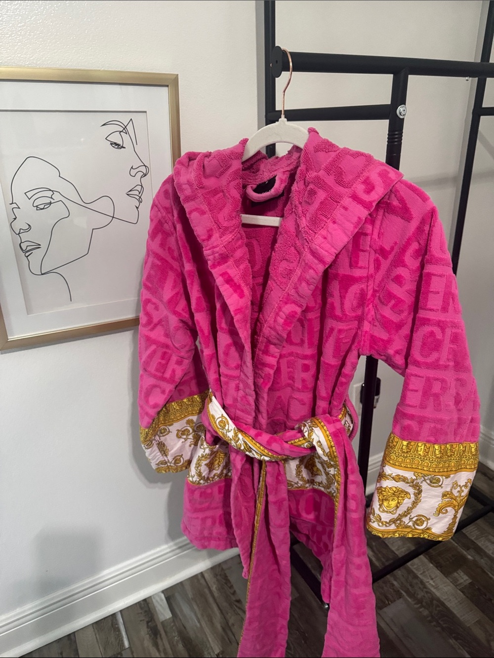 Versace Women’s Hot Pink Hooded Robe with Gold Baroque Trim